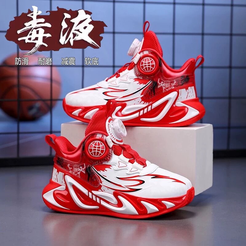 正版科比男童篮球鞋秋冬皮面加绒红色儿童运动鞋实战青少年慢跑鞋