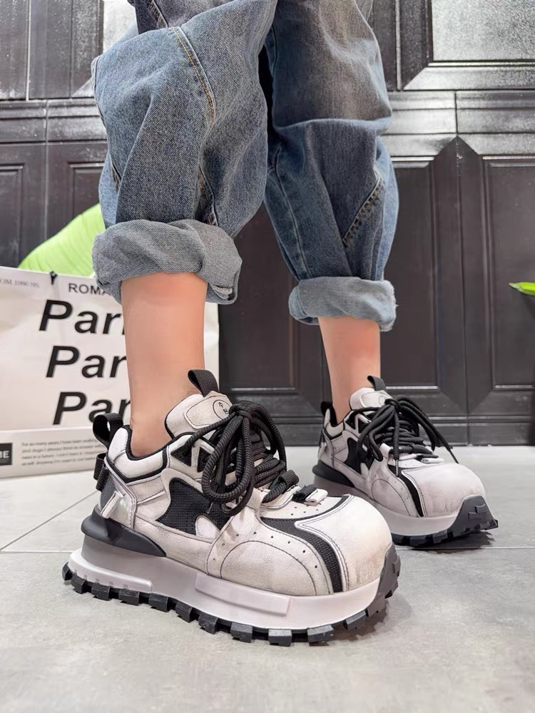 手工鞋2025秋季新款女鞋厚底增高老爹鞋真皮运动风复古ins休闲鞋