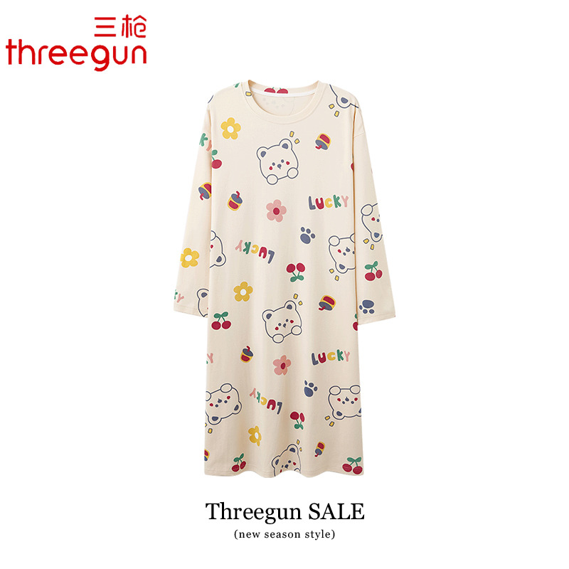THREEGUN/三枪纯棉长袖长款睡裙
