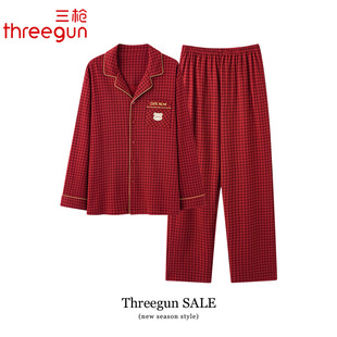 三枪纯棉睡衣男士春秋季长袖红色本命年全棉家居服结婚喜庆套装