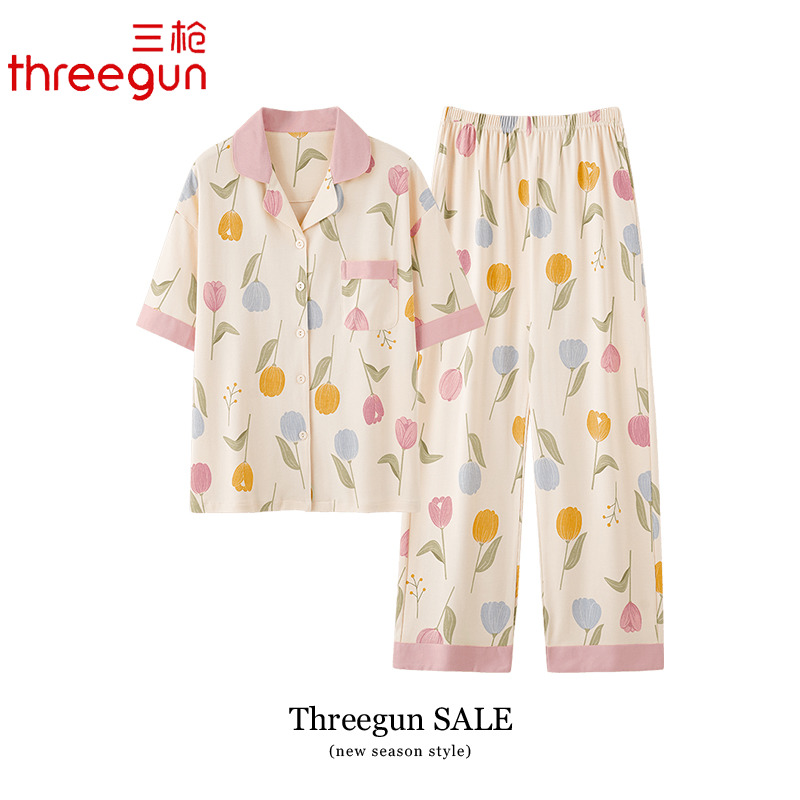 三枪睡衣女士纯棉夏季薄款短袖长裤夏天甜美翻领全棉家居服套装