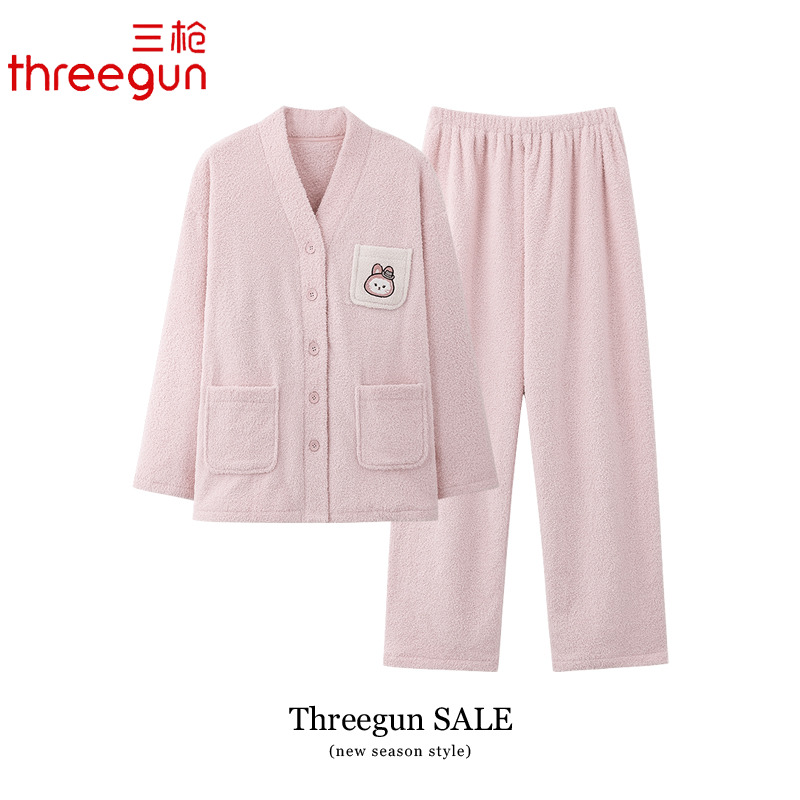 三枪半边绒睡衣女士冬季新款加厚加绒家居服冬天保暖珊瑚绒套装
