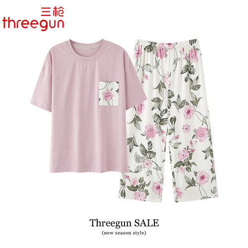 三枪睡衣女士夏季薄款纯棉短袖七分裤5A抗菌家居服夏天薄款套装