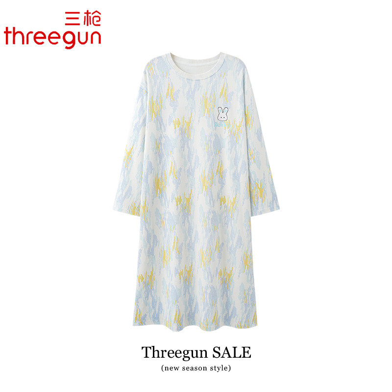 三枪睡裙女士春秋款纯棉长袖睡衣秋季全棉休闲过膝中长款家居服