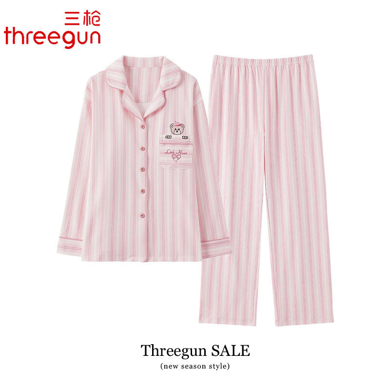 三枪睡衣纯棉女款春秋季休闲翻领开衫套装可外穿女士全棉家居服
