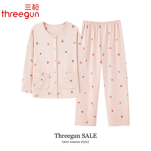 三枪纯棉睡衣女士春秋款圆领长袖甜美可爱家居服全棉秋季女生套装