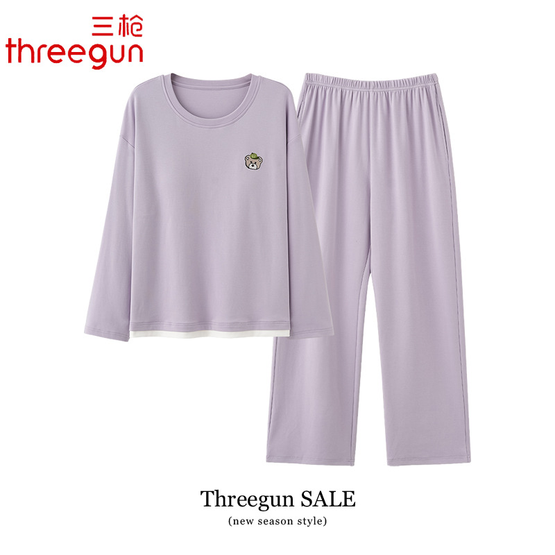 三枪睡衣春秋款女士纯棉长袖长裤家居服秋季全棉休闲简约女款套装