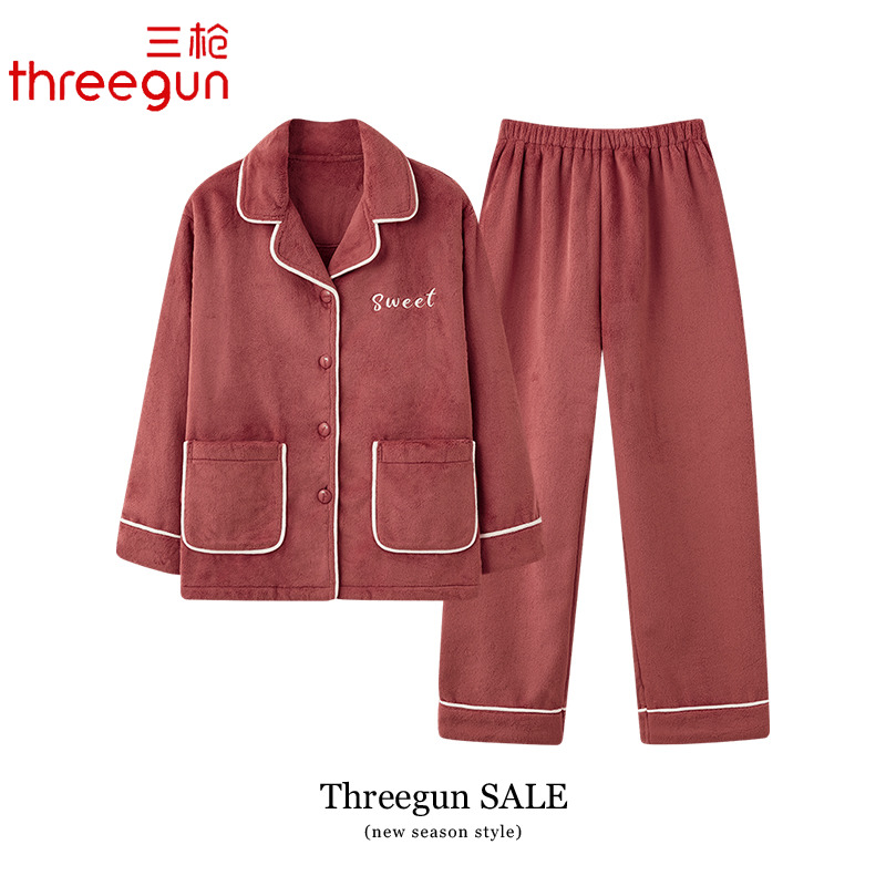 三枪睡衣珊瑚绒女士秋冬款冬季加厚加绒保暖家居服法兰绒长袖套装