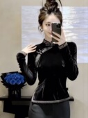 女秋冬新款 新中式 国风黑色立领丝绒衬衫 复古气质打底旗袍盘扣上衣