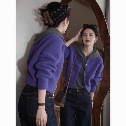 超好看紫色羊羔毛加厚短款外套女2025秋冬新款洋气减龄高级感上衣