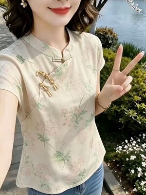 立领盘扣印花新中式短袖上衣2026夏季新款女装气质改良旗袍衫