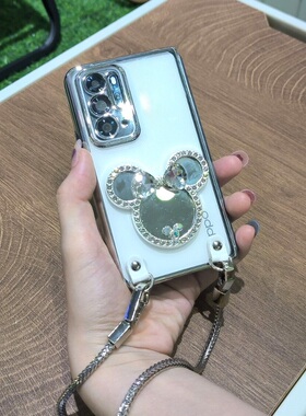 镶钻米奇化妆镜子适用于OPPO FindN2手机壳新款折叠屏电镀透明保护套手提链条挂绳防摔可爱创意潮牌卡通女款