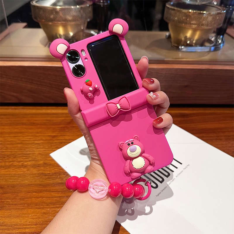 新款可爱熊耳朵适用于OPPO FindN2 Flip手机壳铰链全包肤感保护套oppo小折叠屏手提链条挂绳卡通潮牌防摔外壳