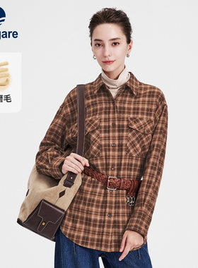 小帆船工装长袖磨毛格子衬衫女