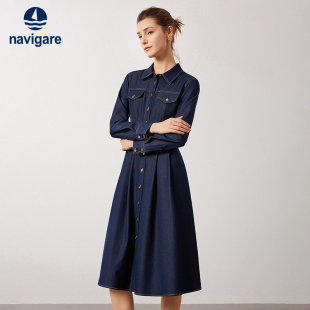 休闲中长款 连衣裙女秋季 裙子 衬衫 Navigare意大利小帆船蓝色工装