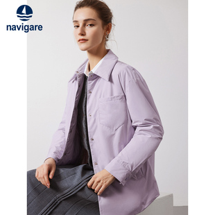 Navigare意大利小帆船紫色休闲衬衫羽绒服女冬季新款保暖宽松外套