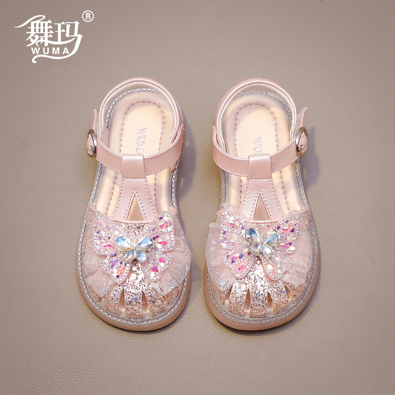 舞玛女童鞋子儿童凉鞋2025新款夏季小女孩软底水晶蝴蝶包头公主鞋