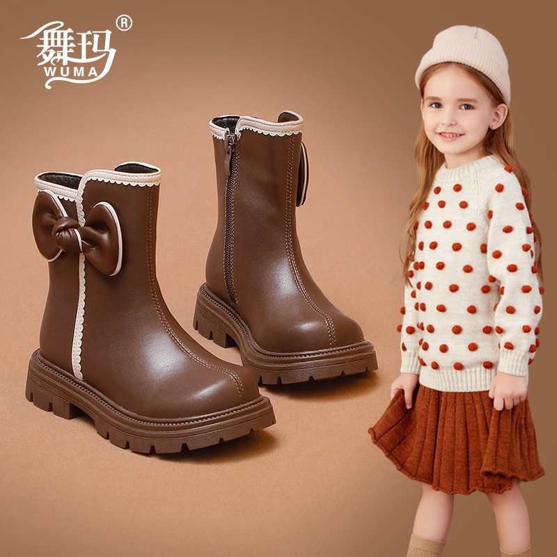 舞玛女童冬季加绒蝴蝶结马丁靴