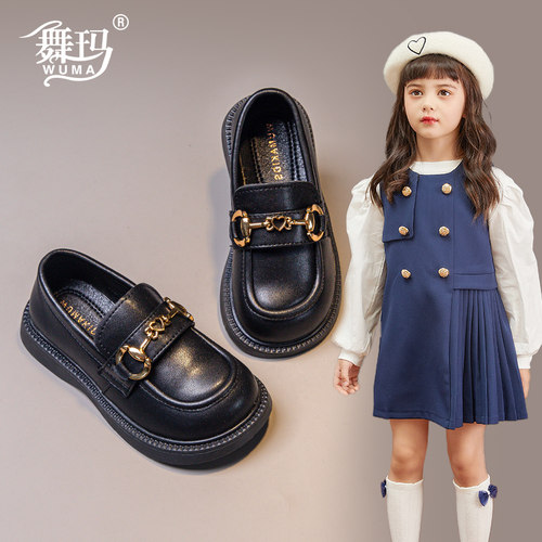 舞玛女童秋冬季英伦风黑色小皮鞋
