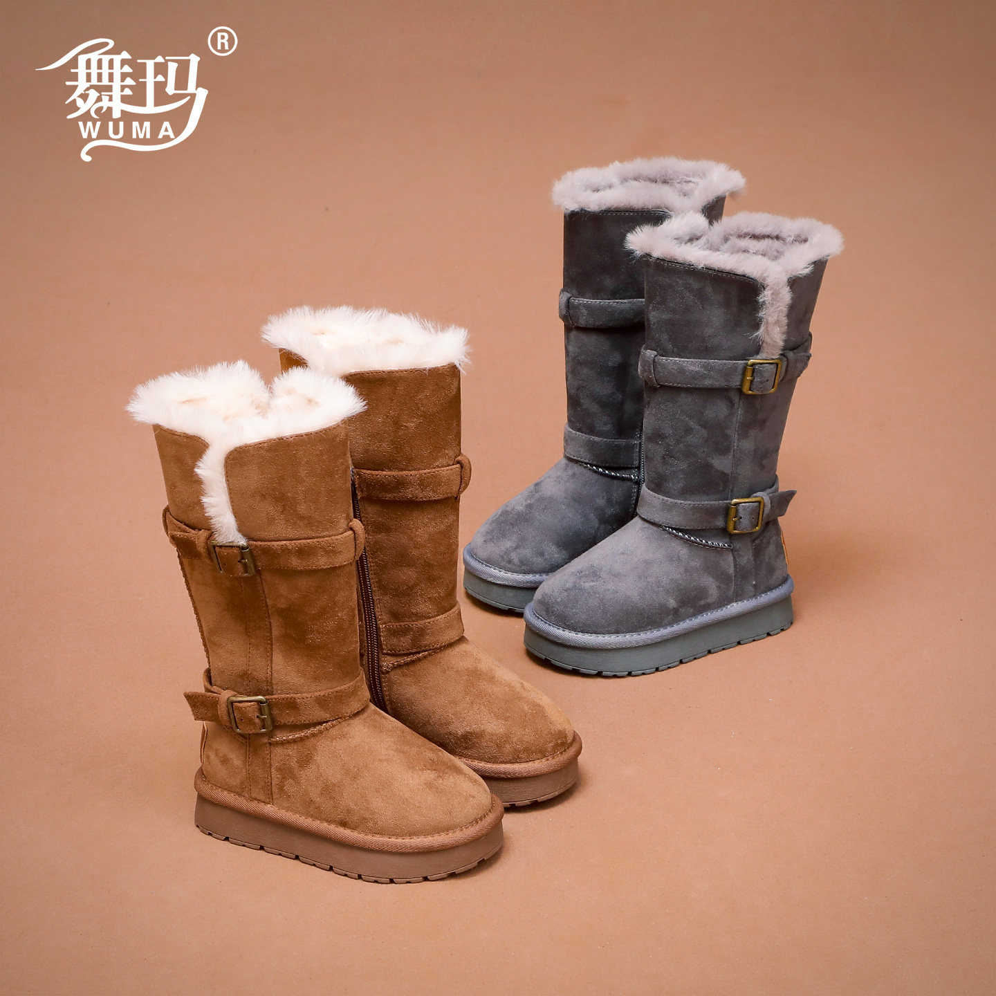 舞玛高筒雪地靴复古搭扣加绒长靴