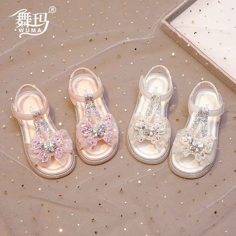 舞玛女童鞋子儿童公主鞋2026新款夏季小女孩露趾闪亮水钻蝴蝶凉鞋