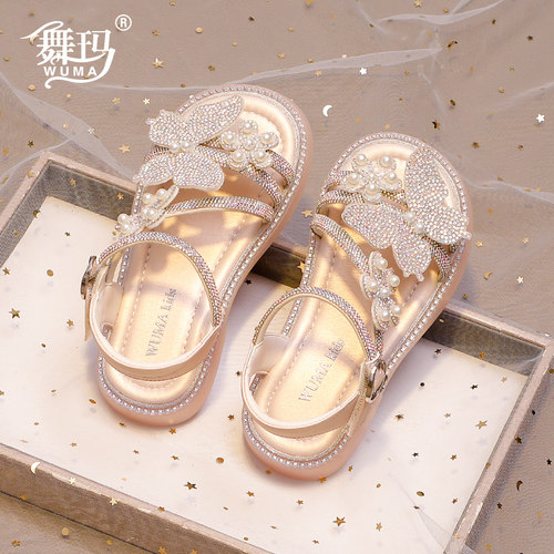 女童凉鞋珍珠蝴蝶露趾水晶公主鞋