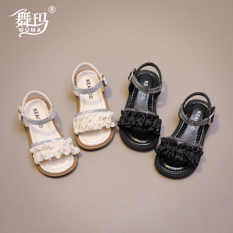 女童鞋儿童公主鞋2025新款夏季小女孩露趾网纱黑色甜美软底凉鞋S