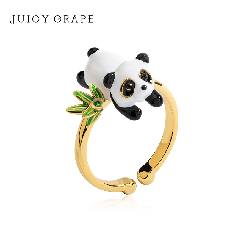 juicy grape可爱熊猫动物造型戒指女小众原创设计轻奢开口食指戒