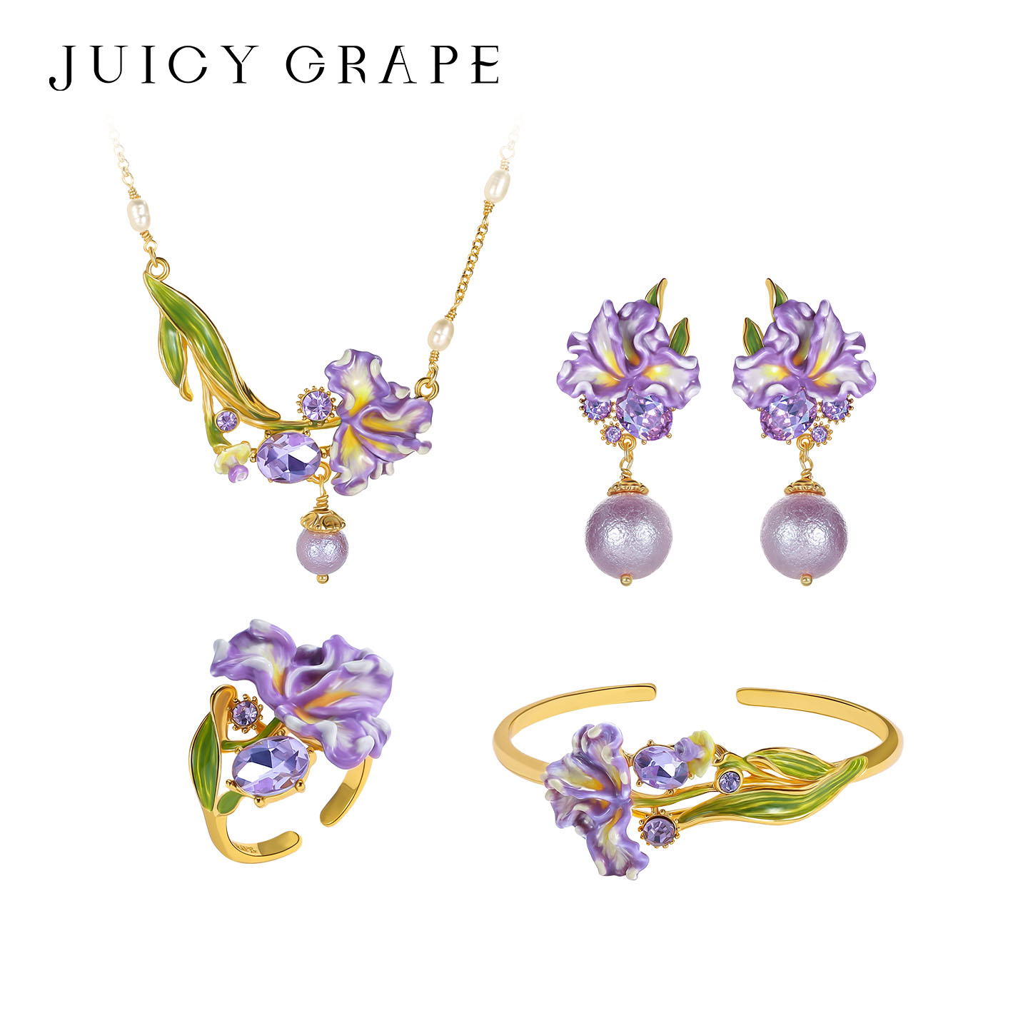 Juicy Grape紫色鸢尾花项链手镯耳环戒指组合套装春夏款饰品礼物