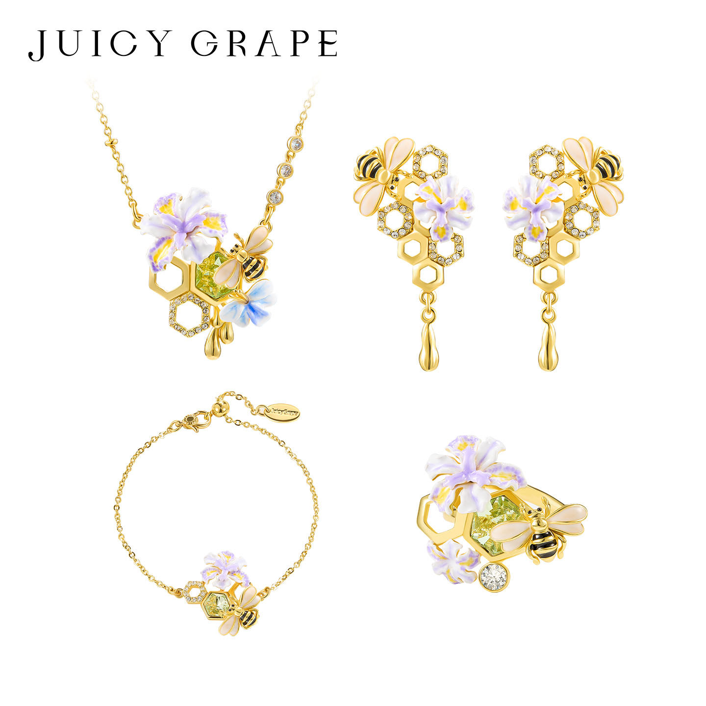 Juicy Grape鸢尾花首饰套装蜜蜂项链手链耳环送女朋友生日礼物