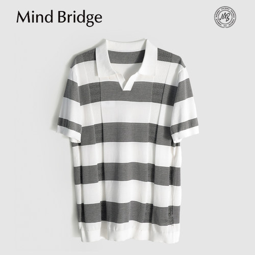 MindBridge亚麻+棉/商务休闲翻领条纹针织短袖T恤POLO衫/透气MB56