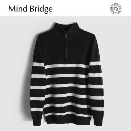 MindBridge 100%绵羊毛12针元宝针/秋冬半高领保暖条纹针织衫MA8B