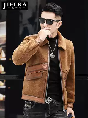 Haining sheep shearing jacket men's lapel Korean version of the leather hair short men's wool coat one-piece men's fur trendy jacket