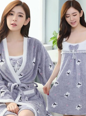 睡裙女秋冬中长款法兰绒睡袍性感吊带裙珊瑚绒保暖女士睡衣两件套