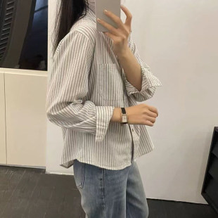宽松显瘦休闲衬衫 复古减龄条纹衬衣女Polo领长袖 女 新款 2026年春季