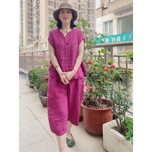 套装 中老年妈妈夏装 两件套宽松单排扣上衣高腰阔腿裤 休闲时尚 新款