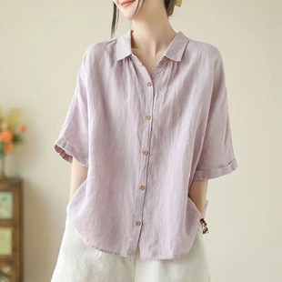 女夏季 薄款 新款 纯色短袖 复古风宽松显瘦衬衣上衣 文艺大码 棉麻衬衫