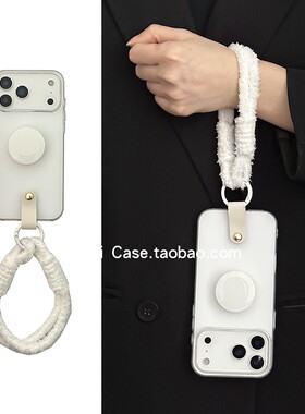 简约纯白色圆形支架带毛绒手拎绳16promax适用苹果17promax手机壳iphone13软边硬背板15防摔17全包14保护套