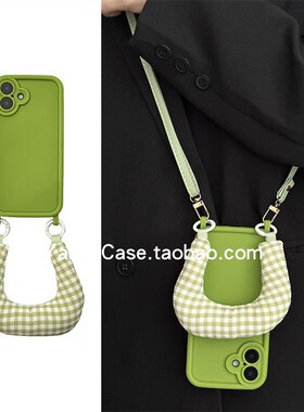 小众夏日纯色软胶绿色双耳带充棉手腕16promax适用苹果15promax手机壳13pro带斜挎绳12防摔11全包14保护套