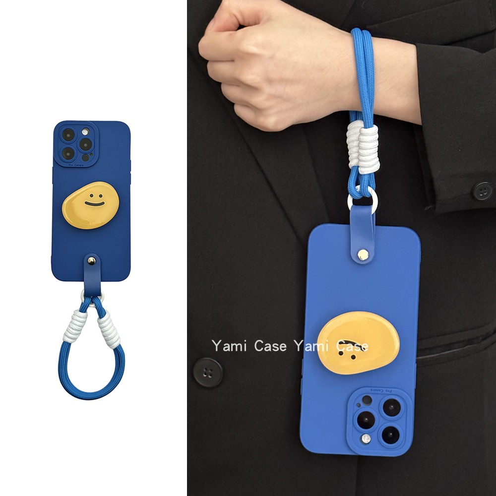 ins克莱茵蓝撞黄表情支架17promax适用苹果15promax手机壳iphone13手拎手绳11高级感12软胶16pro防摔14保护套