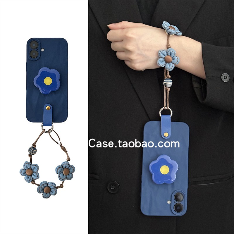 韩系小众牛仔花朵手绳17promax适用苹果15promax手机壳iphone13简约蓝花支架16pro褶皱软胶12全包14保护16套
