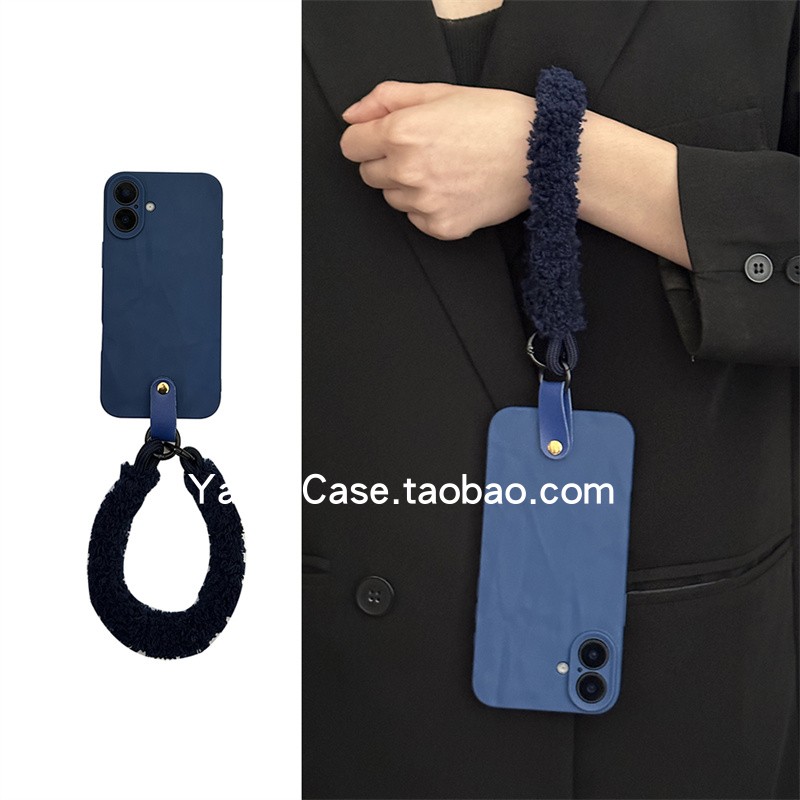 小众高级感墨水蓝褶皱毛绒手腕绳适用17promax苹果15promax手机壳iphone13简约新款16pro全包12个性14保护套