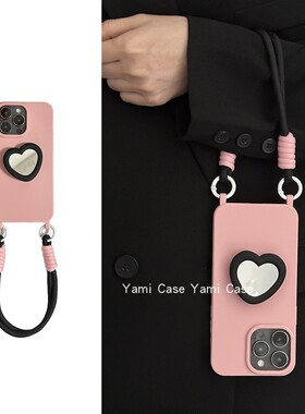 粉撞黑爱心镜子支架13苹果15promax手机壳iphone14pro自带挂耳12/11气质简约经典xsmax保护套