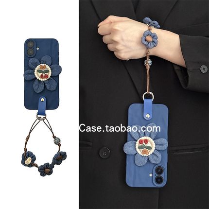 韩系小众高级感牛仔深蓝小熊花朵17promax适用苹果16promax手机壳iphone13花朵手绳12简约15pro防摔14保护套