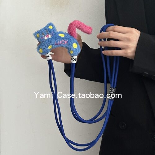 手机背夹斜挎挂绳ins小众可爱蓝色小老虎百搭解放双手手机夹通用