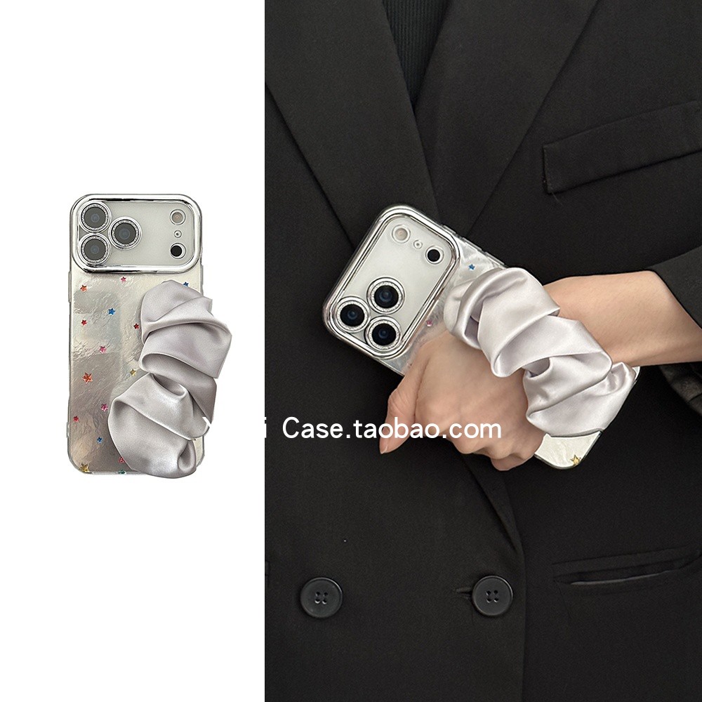 镜膜高级感ins气质闪闪浮雕星星16promax适用苹果17promax手机壳iphone13银白丝巾腕带15pro简约17/14保护套