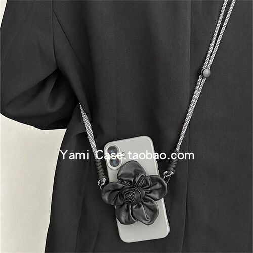 手机背夹斜挎挂绳气质轻奢黑色软皮花朵小众高级感百搭手机夹通用