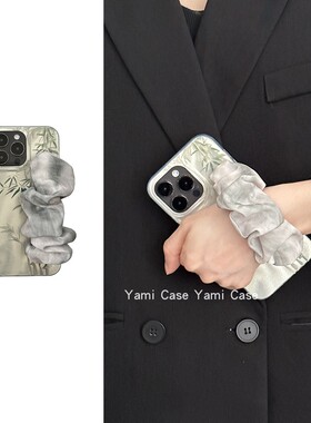 ins高级感绿色国风竹子晕染丝巾手腕带适用苹果15promax手机壳iphone13羽纱11国潮12小众14pro防摔14保护套
