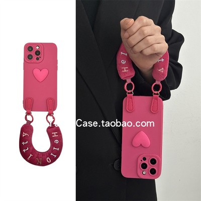 简约少女玫红色立体小爱心17promax适用苹果15promax手机壳iphone13软胶16全包12可爱毛绒绒充棉手腕14保护套