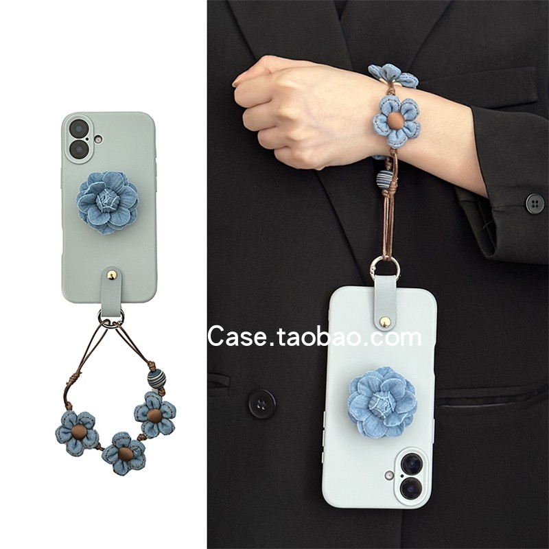 韩系小众高级感牛仔蓝玫瑰花支架17promax适用苹果16promax手机壳iphone13花朵手绳12简约15pro防摔14保护套